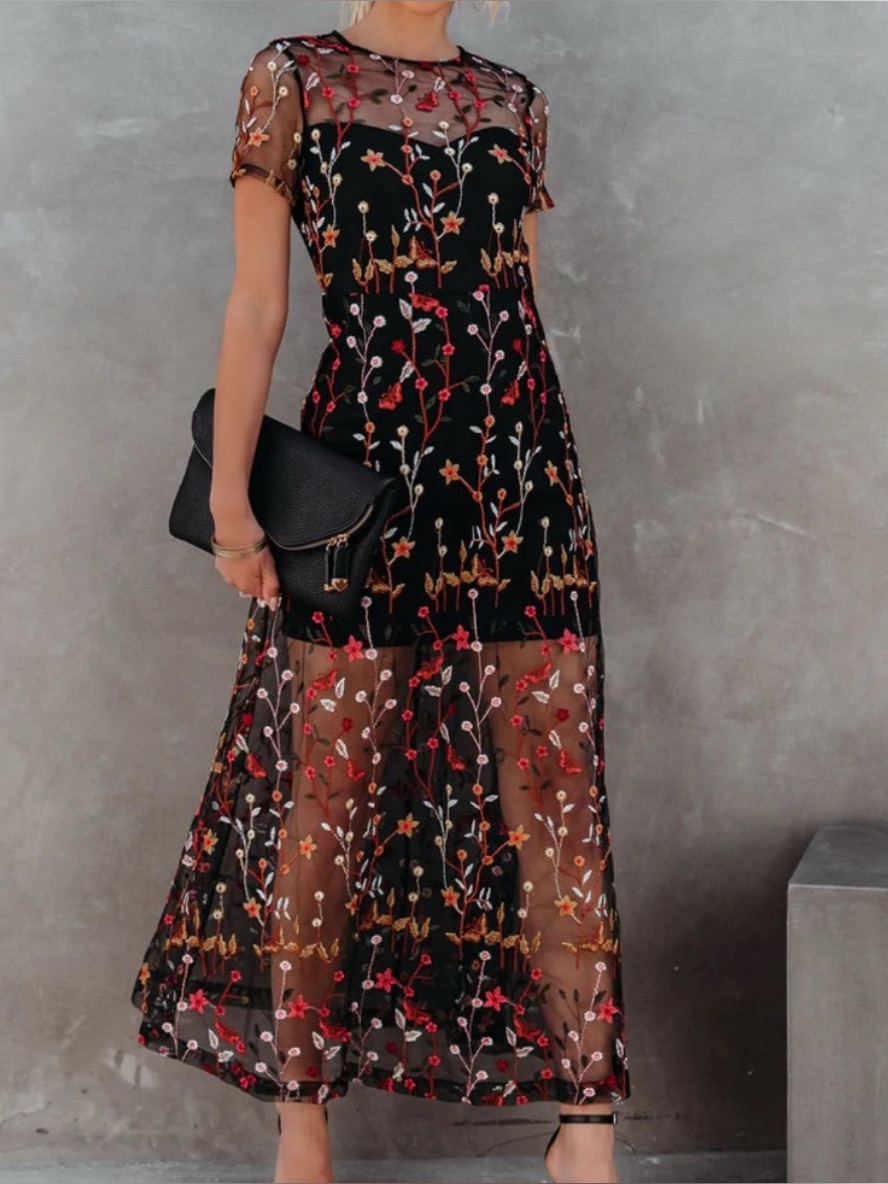 Nwt Anthropologie Endless Rose Black Floral Embroidered Sheer Mesh Maxi